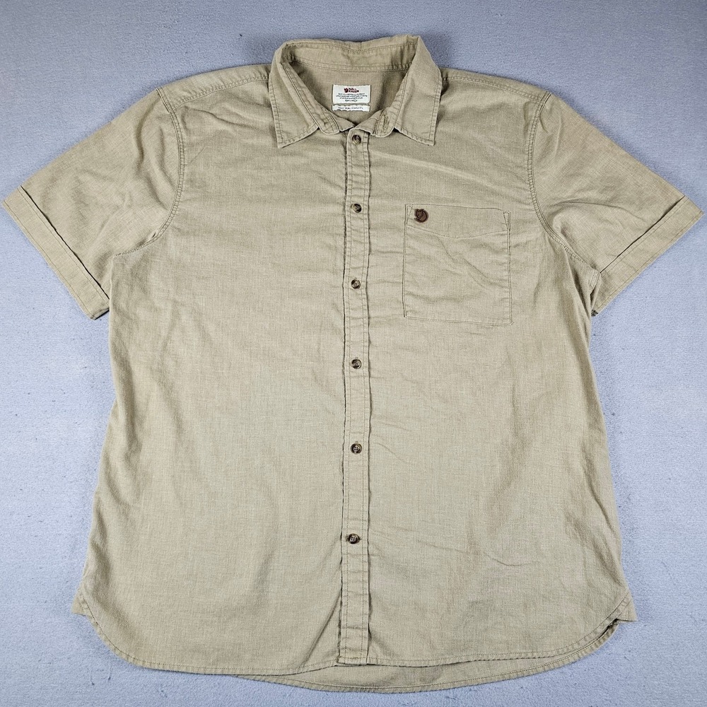 Fjallraven Ovik Travel Shirt Mens XXL Beige Comfort Fit Short Sleeve Button Up
